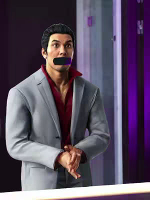 A digital art image featuring a man in a grey suit and red shirt, with a black bar over his mouth and hands clasped. The background is a mix of purple and white, suggesting a modern setting. The man has a surprised facial expression.