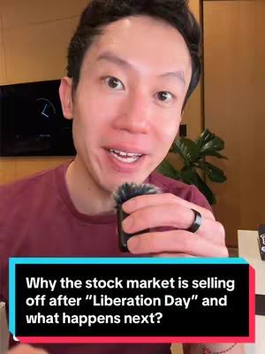 A man is holding a microphone, giving a presentation about the stock market, with a text overlay at the bottom. The background consists of a blurred area. The camera angle is a close-up of the man's face and upper body.