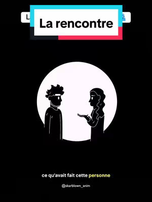 This vector illustration depicts two figures in silhouette, a male and a female, positioned in front of a large white circle against a black background. The man, on the left, is stylized with a dark outline and a mass of irregular shapes for hair and glasses. The woman on the right has long, wavy hair and is gesturing with her right hand. Above them, a banner reads 'La rencontre' in white text.