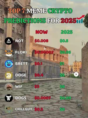 The cover image shows a list of meme cryptocurrency predictions over the background of a historical building. Text overlays are used to display the name of the coin, its current value, and the projected value for 2025. A red and green arrow indicates the rising trend. The background prominently features the architectural details of a historic European building, possibly a landmark or an ancient structure.