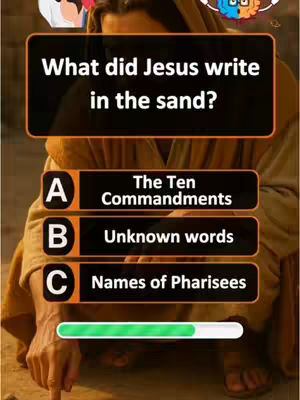 The image is a quiz question about the Bible. It has a central image of a person who looks like Jesus. Overlayed on the image are the quiz text, which asks, 'What did Jesus write in the sand?' Below the question are three answer options labeled A, B, and C. The options have black backgrounds with white text. A progress bar is situated at the bottom.