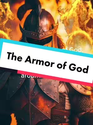 The image shows detailed artwork with a large helmet and partial torso of a warrior or figure in armor. In the background, there are blurred, fiery elements suggesting a battle scene. Overlayed on top, a text banner states 'The Armor of God.'