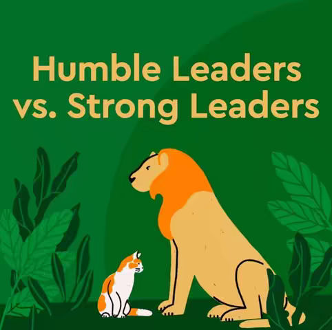 The cover image features a green background with a visual comparison. On the left, a small cat represents a "Humble Leader," and on the right, a large lion symbolizing "Strong Leaders." Text overlayed says "Humble Leaders vs. Strong Leaders".