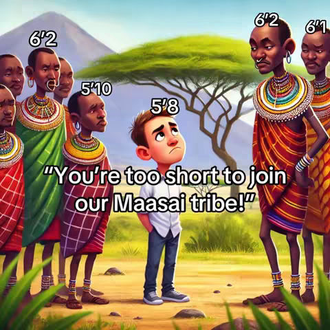 An illustrated image featuring a group of Maasai warriors, characterized by their traditional attire and tall statures, standing around a young boy who appears shorter and looks dejected. The background consists of a mountain silhouette, green landscape, and a large tree.