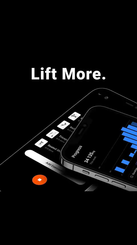 The cover image displays two smartphones set against a black background, angled to give a sense of depth. The phone in the foreground is slightly tilted, revealing its screen, which shows a chart displaying blue progress bars and some numerical information. In the background, another phone is partially visible, displaying a workout app interface with icons representing different exercises. The text 'Lift More.' is prominently displayed in white, creating a contrast that draws attention.