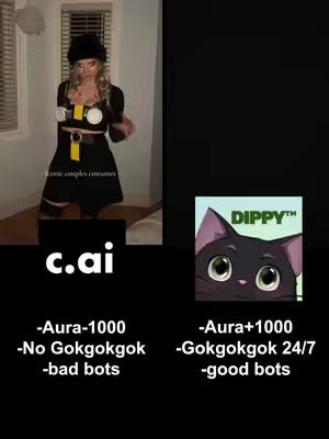The image is split into two sections. On the left, a woman in a black outfit and a black hat is centered standing and doing a dance move in what appears to be a brightly lit room. On the right, a mascot of a cute cat, with big black eyes, and a black coat is shown. The text 'c.ai' is shown in the bottom left corner. On top of the cat’s mascot is 'DIPPY'. The background on the right side is black.