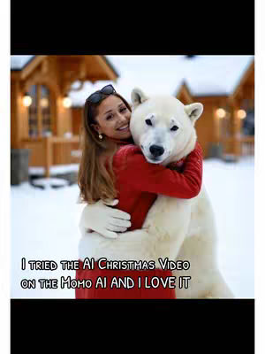 A woman in a red sweater hugs a polar bear in a snowy setting, with a blurred background of wooden buildings. Text overlayed at the bottom reads "I tried the AI Christmas video on the Momo AI and I love it".