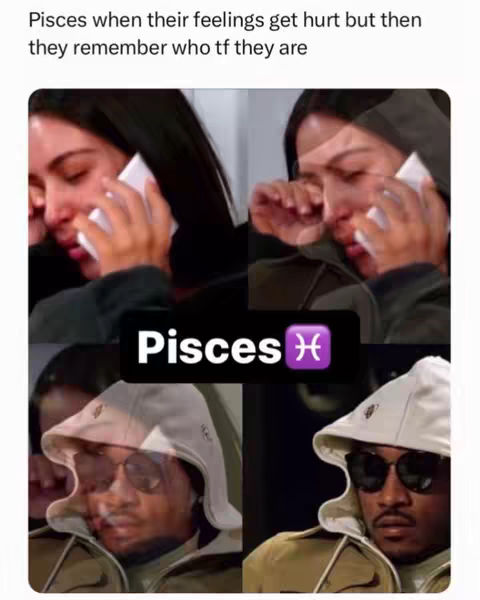 The cover image is a meme with a split-screen layout featuring four frames. Two frames show a woman in a crying pose while talking on the phone. The other two show a man wearing a white bucket hat and sunglasses. The top of the image has overlayed text that reads, "Pisces when their feelings get hurt but then they remember who tf they are." Below the central image of the meme there is the word "Pisces" with the Pisces symbol.