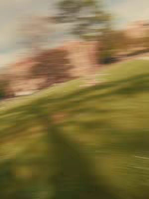 A blurred image capturing a landscape scene. The foreground shows a green grassy hill, and in the background, there's a suggestion of a building, possibly a house, with a tree to the right against a soft, blurred sky. The overall image has a warm color palette.