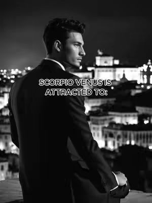 A grayscale image features a man viewed from behind and to the side, wearing a dark suit with a white dress shirt collar. He stands on a balcony or rooftop, looking towards a cityscape at night, illuminated by the lights of buildings and the sky. Text overlayed on the image reads 'SCORPIO VENUS IS ATTRACTED TO:'. The composition is elegant and suggests a sophisticated or romantic theme.