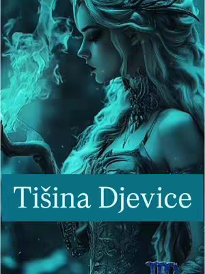 An ethereal image featuring a woman with long, flowing blonde hair in profile, set against a teal backdrop. She is adorned with detailed shoulder and arm decorations, and a wisp of bright teal smoke emanates from a point near her hand, enhancing the mystic quality. The text "Tišina Djevice" is centered on a teal banner near the bottom. The overall palette is cool with shades of teal and muted blues.