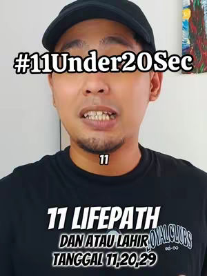 A man with short dark hair and a beard is facing the camera. He is wearing a black cap and a black t-shirt with white text. The text overlay states "#11Under20Sec" and several lines of text below it. The man's expression appears serious.