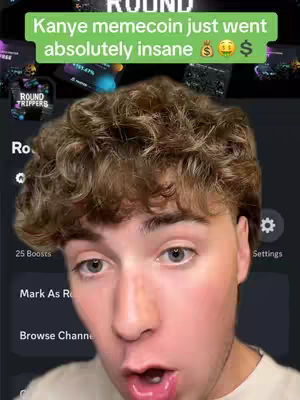 A close-up shot of a young man with light brown, curly hair. He has fair skin, and his eyes are open wide with an excited expression. A green banner with white text is overlaid at the top, and the background consists of a dark-colored app interface with some interactive elements like buttons and settings.