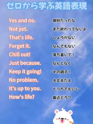 A colorful image featuring a list of common English phrases paired with their Japanese translations. The background is a gradient of blue, and a cute cartoon bear is at the bottom.