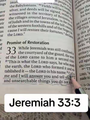 The image shows an open bible with a passage highlighted in grey and a pencil pointing at the text. A white rectangular bar at the bottom of the image displays the text "Jeremiah 33:3".