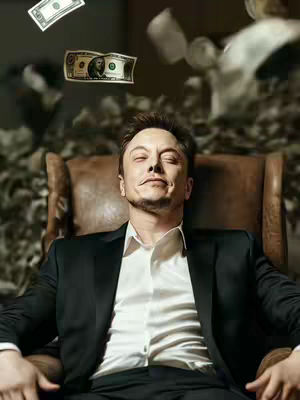 A man with closed eyes is seated in a leather armchair, money floating around him. He's wearing a black suit over a white shirt. The lighting is somewhat dim, with the background out of focus.