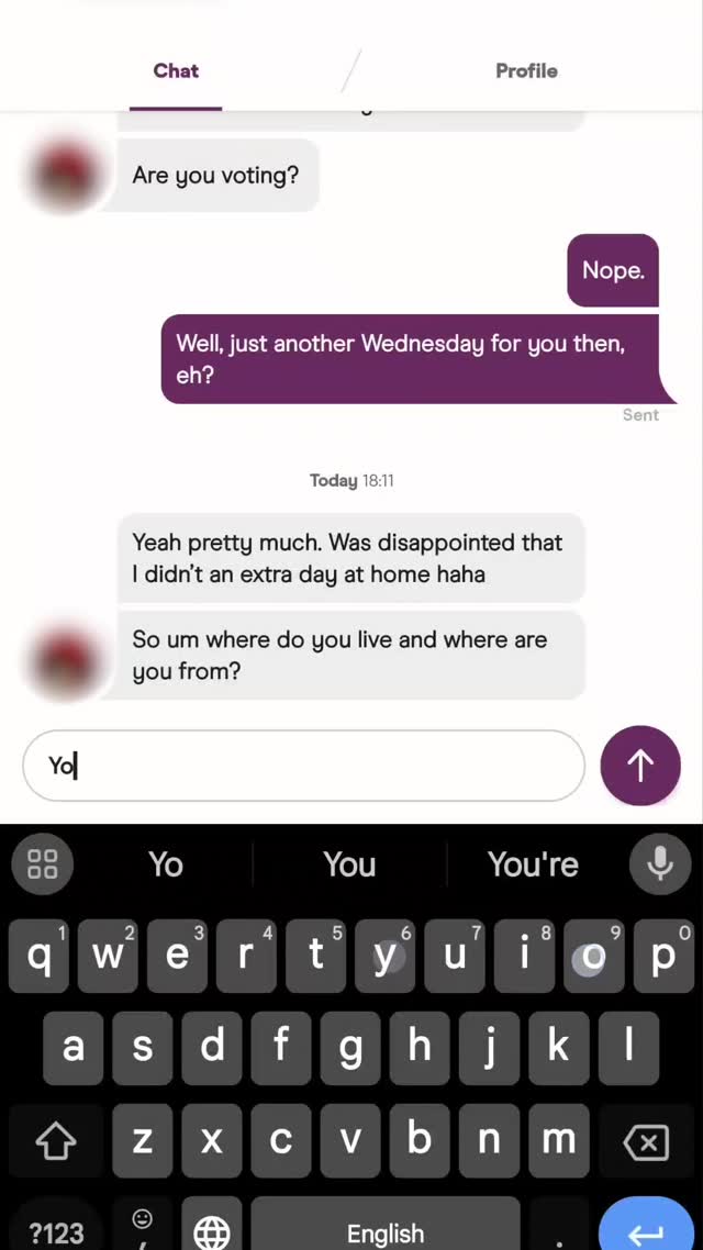 A screenshot of a phone texting conversation with text bubbles. The background is blurred and out of focus, with the main focus on the chat interface.