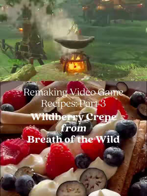 The image is divided into two sections. The top half features a scene from a video game, with a cooking setup in a forest. In the lower half, a close-up shot showcases a prepared dessert, it appears to be a crepe with toppings of berries and a white cream.