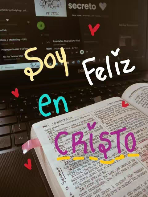 The cover photo shows an open book displaying bible verses with red and pink highlights, and various text overlays in different colors like yellow, blue, and purple, against the backdrop of a laptop screen and keyboard.