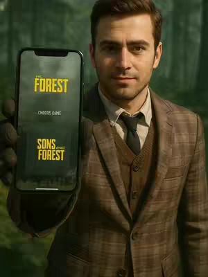 A man in a brown plaid suit and sweater vest holds a smartphone displaying a mobile app interface. The app's screen shows the title "THE FOREST" and "SONS OF THE FOREST" with a user interface.