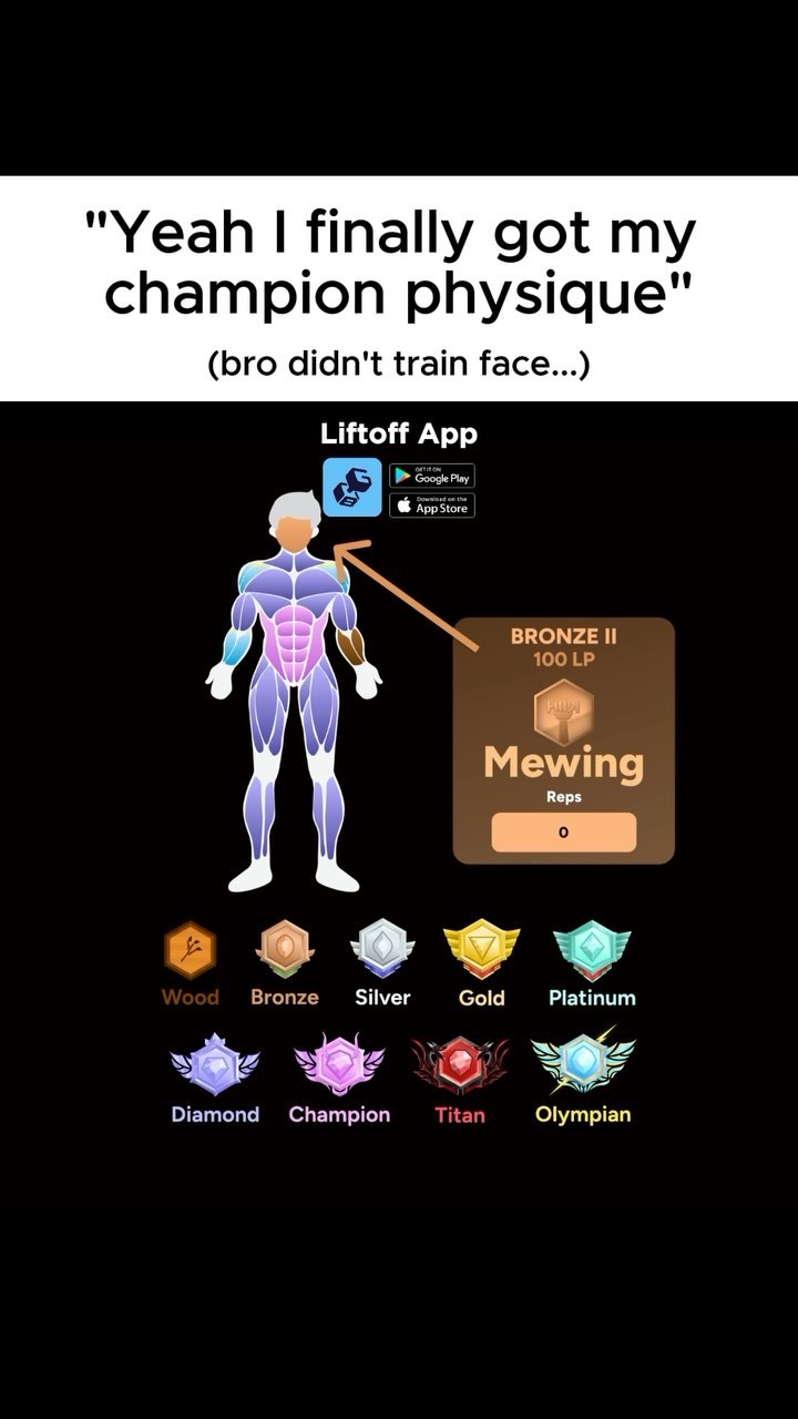 The image features a black background with a central illustration of a muscular human figure in the position body. Above the figure is text that reads "Yeah I finally got my champion physique". To the lower right are multiple badges with labels such as Wood, Bronze, and Silver. An app logo, with a download option, sits upper-center. A brown box contains stats for "Mewing" with reps in a smaller section. Overall, the image combines elements of fitness tracking with potential humor.