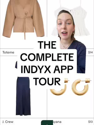 The cover image is a collage-style layout. The top left features a beige jacket with a belt. Beside it, a presenter appears with a close-up shot. Other items are displayed including a white camisole, navy blue skirt, and two hoop earrings.
