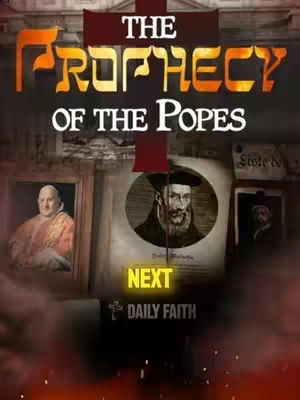 The cover image uses a dark, historical aesthetic. The words "THE PROPHECY OF THE POPES" are prominently displayed in a fiery, stylized font at the top, above a large, dark cross. Below the title, it features illustrations of historical figures, including portraits of popes and potentially Nostradamus. A glowing "NEXT" button with the "DAILY FAITH" logo at the bottom signals a call to action or an upcoming video segment. The background comprises a blurry, aged, and somewhat unsettling atmosphere, suggesting the themes of prophecy, history, and potentially religious or spiritual intrigue.