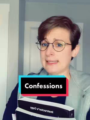 A woman with short brown hair and round glasses is holding books and looking towards the camera with a questioning expression. A text overlay reads "Confessions" in a black box with a red and blue outline.