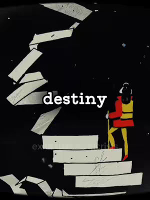 A stylized illustration depicts a figure with long black hair, wearing a red coat and yellow vest, climbing a staircase made of white rectangular steps against a dark night sky sprinkled with stars. The word "destiny" is prominently displayed in white text over the staircase.