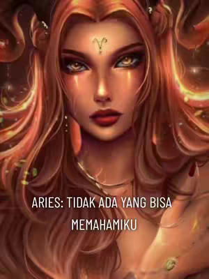 The cover image features a digital artwork of a woman with fiery red hair and a glowing, warm-toned complexion. She has striking, intense eyes and a bold red lipstick. The image is stylized with fantasy elements, including a golden symbol on her forehead. Text is overlaid at the bottom indicating the Aries zodiac sign and a related statement in Indonesian. The overall composition has a strong, ethereal feel, with the woman's gaze as the focal point, and a subtle use of light and shadow to enhance the dramatic effect.