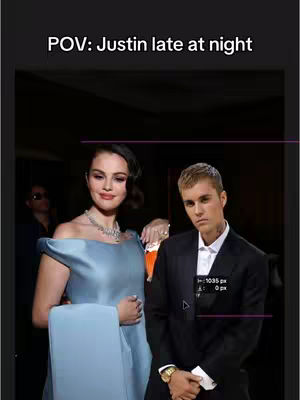 An image of two celebrities, Selena Gomez and Justin Bieber, posing in what appears to be a social setting. Selena is on the left, wearing a light blue dress with a statement necklace. Justin is to the right, in a black suit. The text overlay reads 'POV: Justin late at night'. A cursor and some elements are shown on the right.