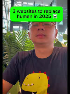 A selfie-style shot featuring a man in the center, wearing glasses and a black t-shirt with a yellow dinosaur graphic. Overlaid on the image is a bright green banner with white text, and the background includes blurred greenery.
