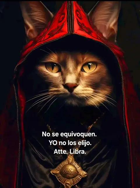 The image features a cat with a human-like face wearing a red hooded cloak. The cat has yellow eyes and a serious expression. Below the image is text in Spanish against a black background. The lighting is dramatic with shadows.