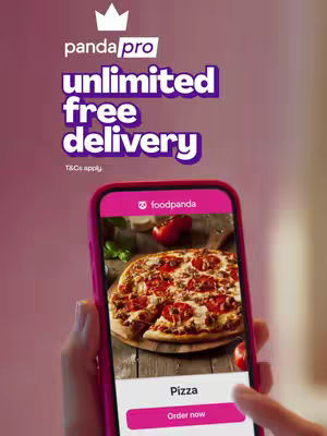 The cover image is a screenshot of a phone with a pizza on the screen. The phone is held in a person's hand. The foodpanda logo is visible at the top, and there's text overlaid. Background is blurred pink gradient.