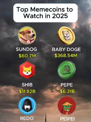The image is a slideshow-style graphic on a dark, cloudy background. White text at the top reads "Top Memecoins to Watch in 2025". Below this, six circular images representing different memecoins are arranged in two rows. Each image has the name of the memecoin with its corresponding market cap underneath. The coins include "SUNDOG", "BABY DOGE", "SHIB", "PEPE", "REDO", and "PEIPEI". The color scheme is a mix of bright colors for the coin logos against a dark, stormy backdrop.