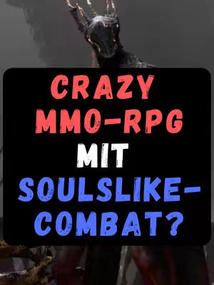 The cover image features a game character in a dark, detailed setting. A central black rectangle contains overlaid text in red, white, and blue, advertising a crazy MMO-RPG with soulslike combat.
