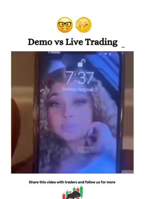 The image features a phone screen displaying a woman's face, overlaid on a neutral background. Above, there are emoji and text stating "Demo vs Live Trading."