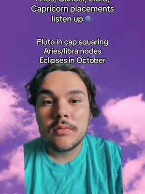 A man with a mustache and a teal shirt is centered in front of a purple cloudy background. Text overlays are at the top and in the middle of the image.