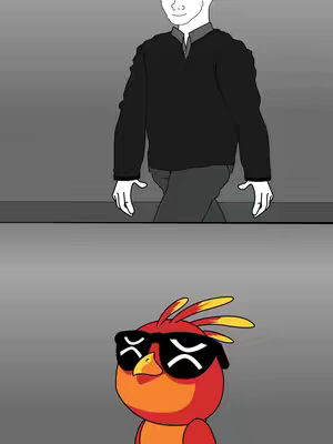 The image is split into two sections. The top shows a monotone, black and white outlined depiction of a man walking with a serious expression. The bottom showcases a cartoon bird with a red and orange body, feathers, and sunglasses with XRP logos on them.