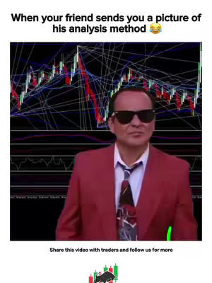 The cover image shows a man in a red suit and sunglasses positioned in front of a backdrop featuring stock charts. Above the man, text reads "When your friend sends you a picture of his analysis method".