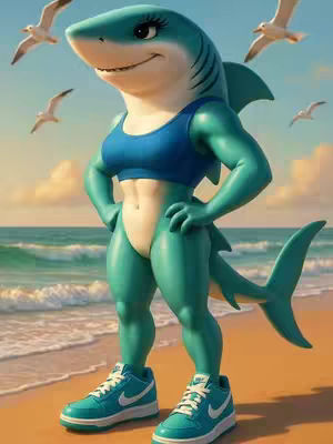 An anthropomorphic shark character wearing a blue sports bra and shorts, and sneakers. The shark is standing on a sandy beach with the ocean and seagulls in the background. The shark has a confident posture and the background shows a sunny day.