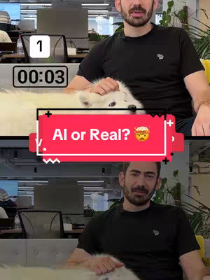 A vertical video cover image is divided into two parts. The top half shows a man in a black t-shirt petting a white fluffy dog, with a timer and the number "1" in the top left corner. The bottom half repeats the man's image without the dog. Overlaid in the middle is a red banner with the text "AI or Real?" and an emoji.