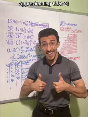 A man with a mustache and glasses stands in front of a whiteboard covered in math equations, giving a thumbs up. The top of the board says, 'Approximating 1296+4'. The man is wearing a gray polo shirt with a black belt, and smiling widely.