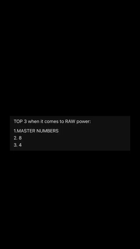 Black background with a rectangular box in white text overlay. The box contains a list: 'TOP 3 when it comes to RAW power: 1. MASTER NUMBERS 2. 8 3. 4.'