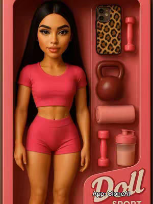 A cover image shows a doll-like woman in a pink sports outfit inside a pink box along with fitness-related accessories. The woman is positioned centrally, with long black hair and doll-like features. She wears a pink crop top and shorts, reflecting fitness attire. To her right, the box has compartments holding a phone case with a leopard print, pink dumbbells, a kettlebell, a pink foam roller, and a protein shaker. The overall aesthetic is playful and thematic, blending fitness with a doll motif.