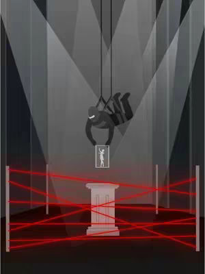 An illustration of a person suspended in the air, holding a framed picture above a pedestal, with a maze of red lasers in front.