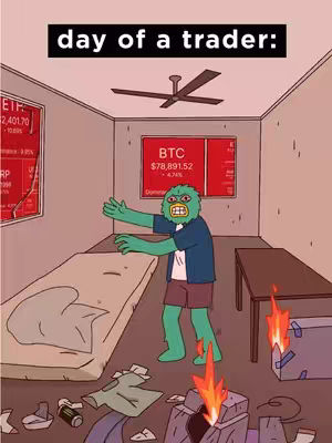An illustration depicting a chaotic room with a green creature with an angry expression in the center. The creature has outstretched arms, and the room includes a flipped mattress, scattered clothes, and elements on fire. Two screens with financial data are visible on the wall, and white text is on the top.