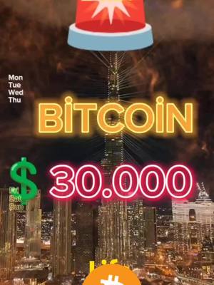The image features a cityscape at night with the word "BITCOIN" in yellow neon, price "30.000" in red neon font and a shiny dollar sign. There is a flashing red and blue light at the top. The background is dark, with the city lights and a fiery sky effect.