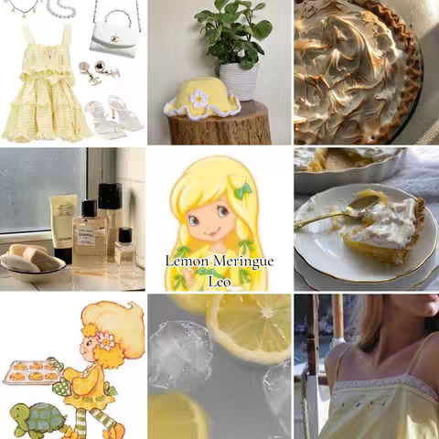 The cover image is a 3x3 grid of images showcasing a collection of aesthetic items and illustrations. The center image features a cartoon illustration of Lemon Meringue from Strawberry Shortcake. Surrounding images include close-up shots of a lemon meringue pie, a dress, accessories like jewelry and purse, plants, perfume bottles, and other imagery. The overall impression is a mix of lifestyle, food, and fashion.
