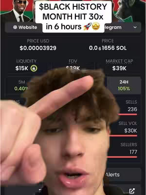 A young man points with his finger at a phone screen displaying cryptocurrency data. The screen shows financial information like price, market cap, and trading volume. The man is centered in the frame, with text overlays near the top indicating 'BLACK HISTORY MONTH' and financial performance.